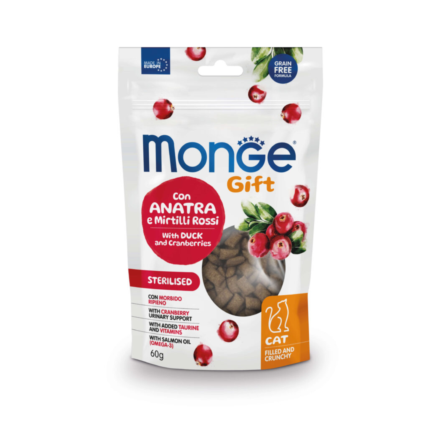Monge Gift Filled And Crunchy Sterilised Cat (Pato+Arandanos) - Gato - Snack 60 Gr.