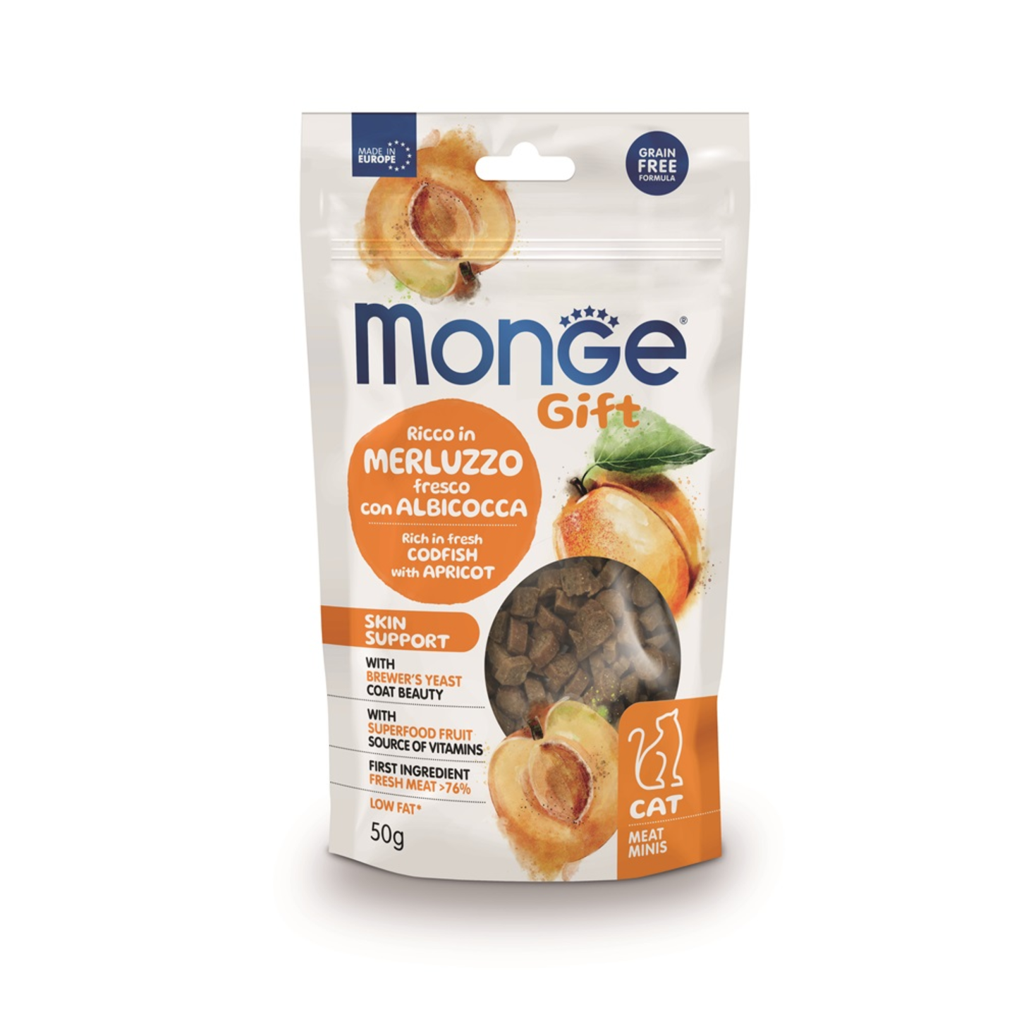 Monge Gift Meat Minis Skin Support Cat (Bacalao+Albaricoque) - Gato - Snack 50 Gr.