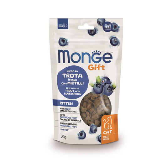 Monge Gift Meat Minis Kitten Cat (Trucha+Arandanos) - Gatito - Snack 50 Gr.