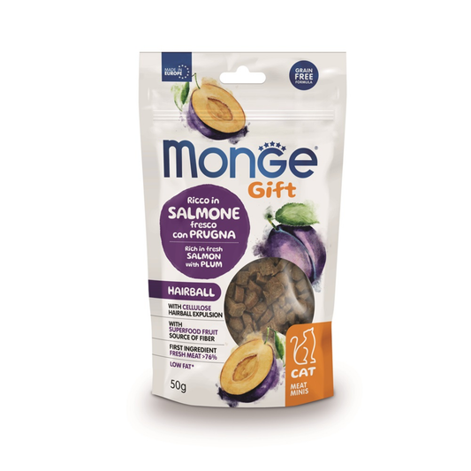 Monge Gift Meat Minis Hairball Cat (Salmon+Ciruela) - Gato - Snack 50 Gr.