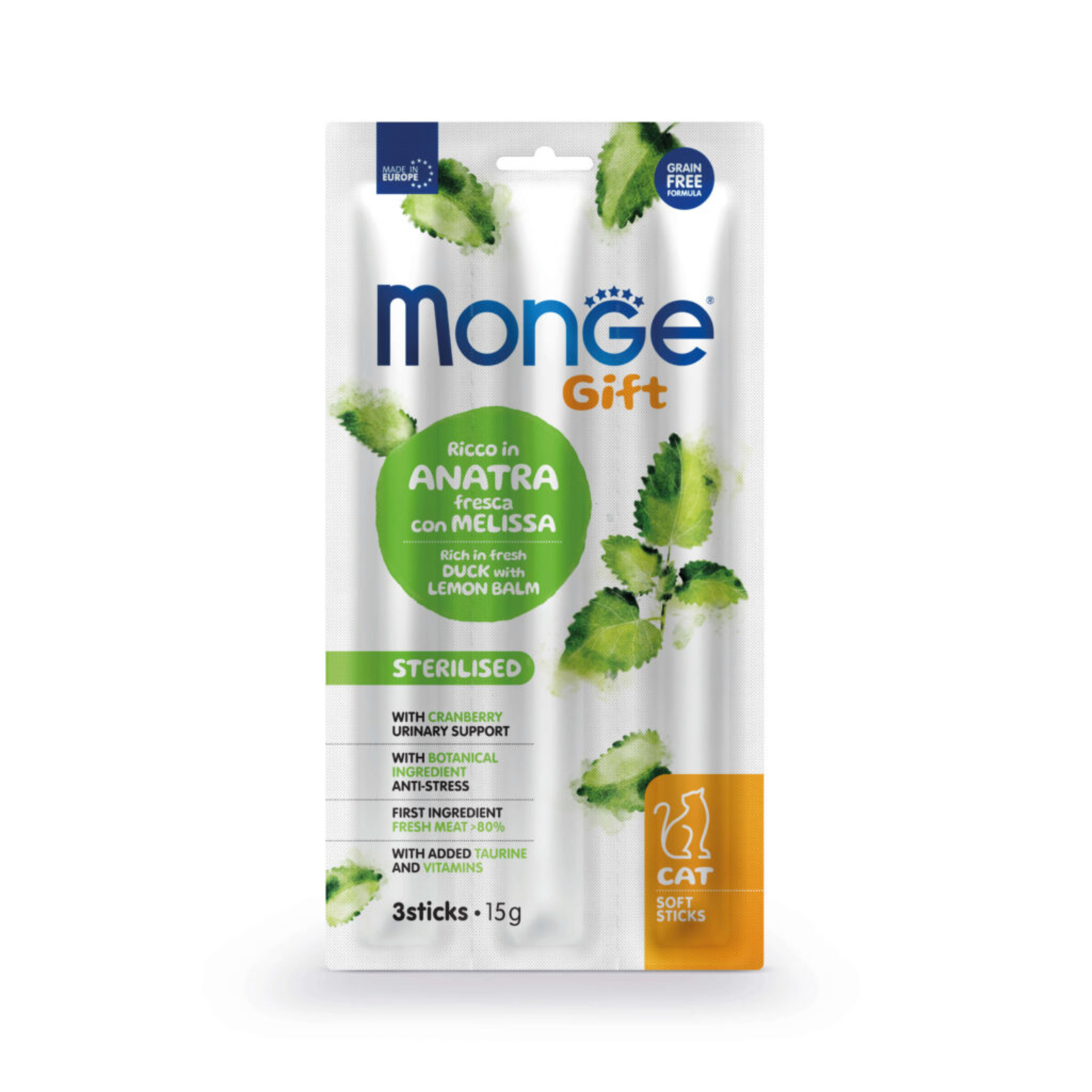 Monge Gift Soft Sticks Sterilised Cat (Pato+Toronjil) - Gato - Snack 15 Gr.